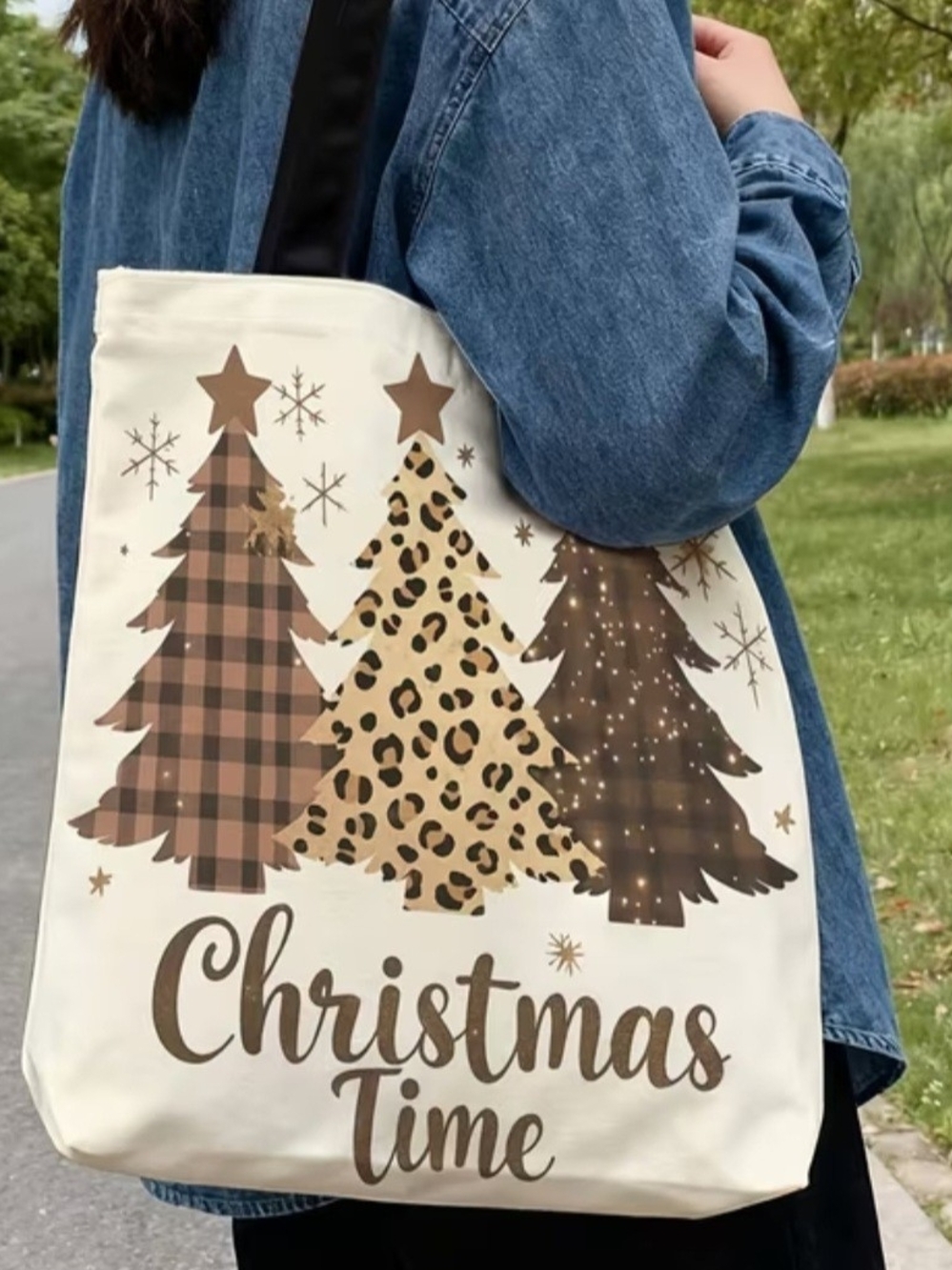 Holiday Tote Bag - Christmas Time Print in Beige and Brown